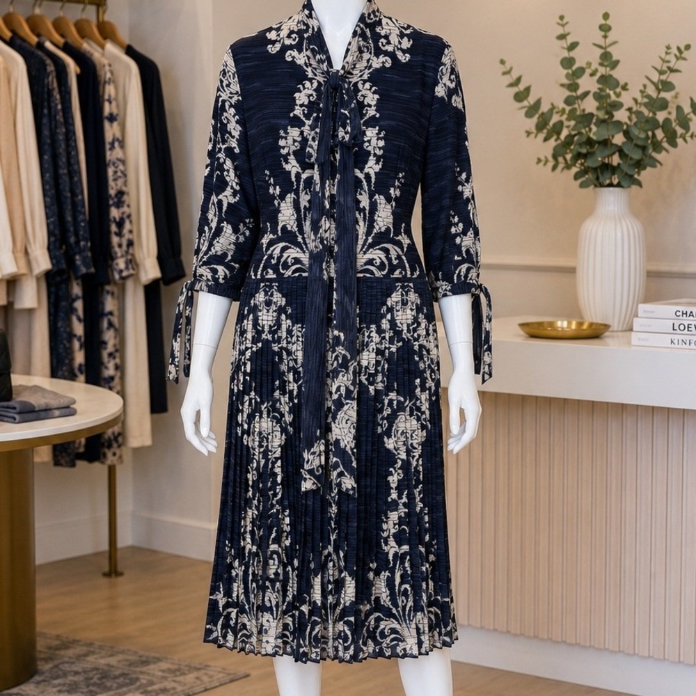Picobell Womens Midi Dress Navy Blue Damask Pleated Tie Neck Size 42